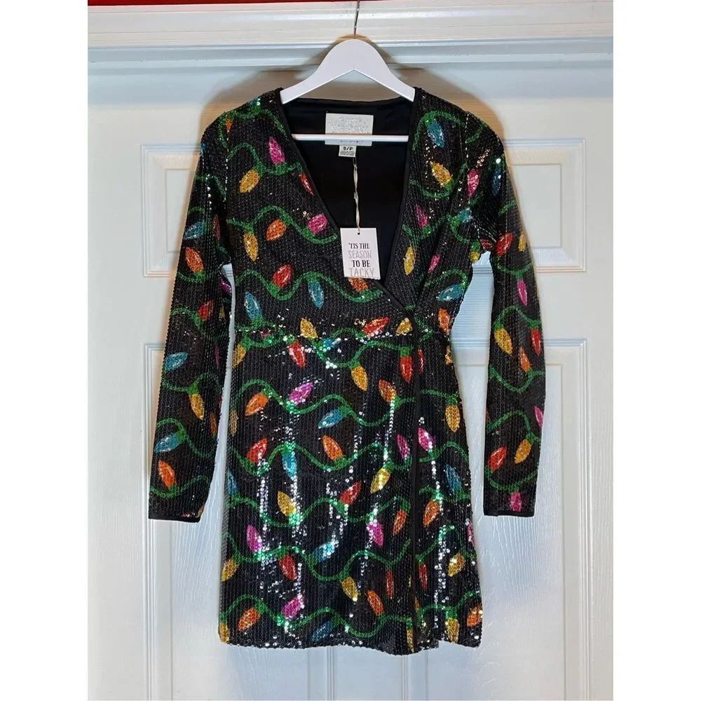 Urban Heritage Black Sequin Christmas Lights Wrap Dress sz S NWT